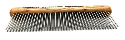 The Aaronco®  Wundercoat'R™ Grooming Comb was developed by industry leader Sam Kohl, This revolutionary 7" design has 3 rows of 1.75” tines created to remove dense undercoat, and reduce excess topcoat. Its ergonomic wooden handle reduces wrist and hand strain, while its tines offer increased coat removal compared to brushing alone, without resulting in damage to the fur or skin.