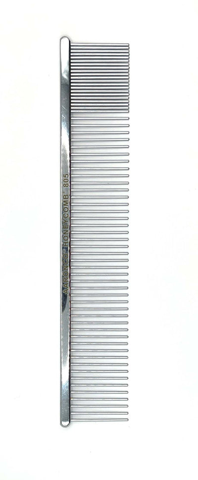 The Aaronco® Detailer™ 805 Professional Pet Grooming Comb is the classic design also referred to as a poodle comb. This style of comb is ideal for fluffing and finishing styles for medium to long length coats. The medium tines help lift denser hair for more precision scissoring. while the blunt teeth prevent skin injury while using. The spine is designed to fit in the hand to help reduce wrist and hand strain.