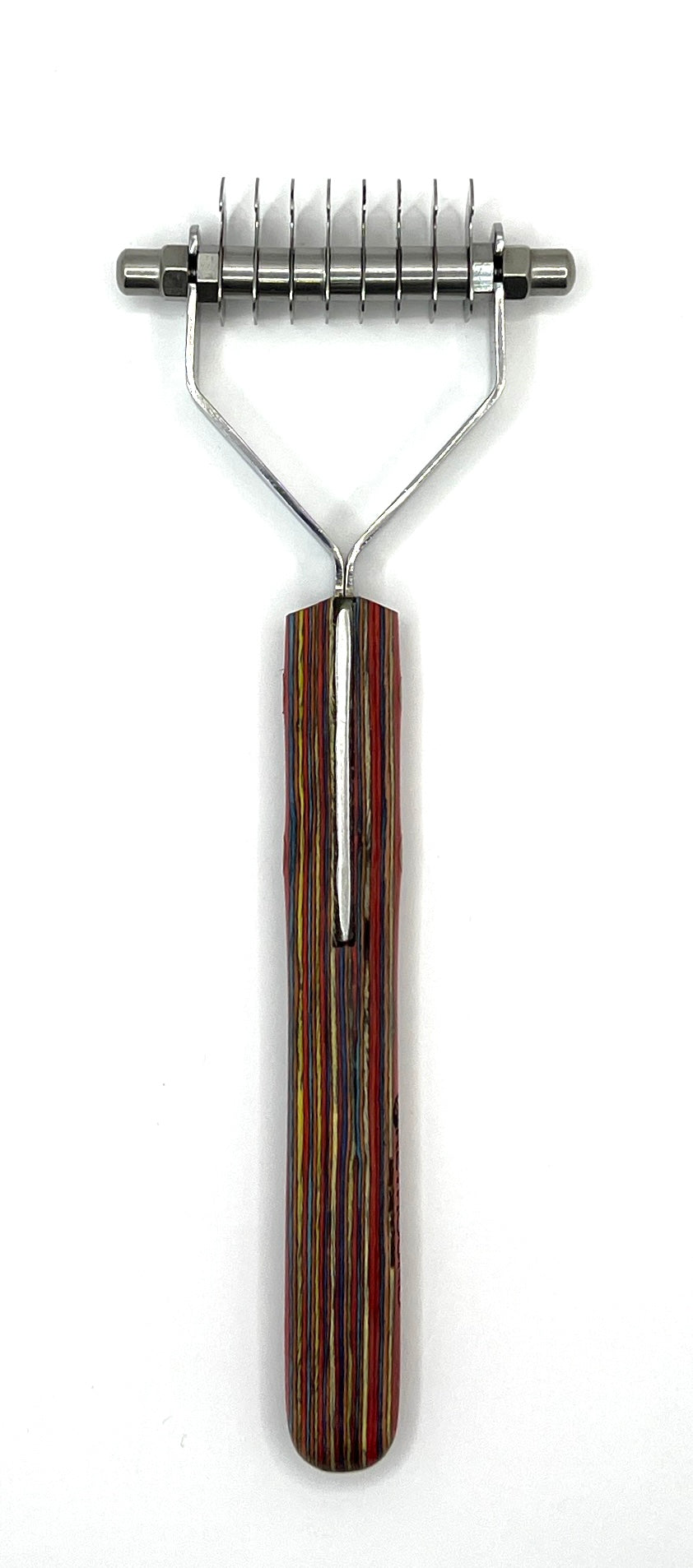 The Coat Master Rakes are the perfect tool for removing dead or thinning layers of undercoat from double-coated breeds. The 8-blade, specifically, also acts as a great de-matting tool since its teeth are spaced further apart. These grooming rakes are durably made from Malaysian Hardwood and Stainless Steel. 8 Blade
