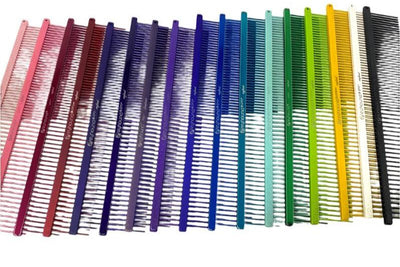 The Ashley Craig's original Greyhound Comb Beauty Collection in various color schemes features a 7.6"L x 1.4"W fine to medium coarse tine combination which gives superior styling control for all coat types. These versatile combs have been a staple of the pet grooming industry for over 100 years. Candy and Sparkle color collections, all colors.