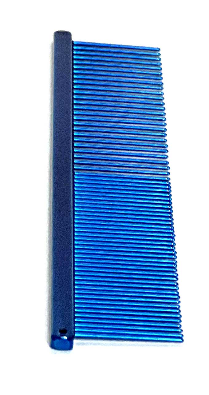 The Ashley Craig Beauty Greyhound Professional Pet Grooming Med/Fine Tine Comb Collection gives superior styling control for all coat types with an antistatic finish. Candy Collection comes in 6 colors. Since 1920 these combs are hand drilled and polished using brass spines with carbon steel tapered tines in the UK. Color Blue.