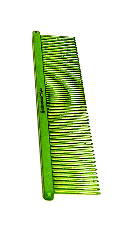 The Ashley Craig Beauty Greyhound Professional Pet Grooming Med/Fine Tine Combination Comb gives superior styling control for all coat types with an antistatic finish. Sparkle Collection comes in 8 colors. Since 1920 these combs are hand drilled using brass spines with carbon steel tapered tines in the UK. Color Lime.