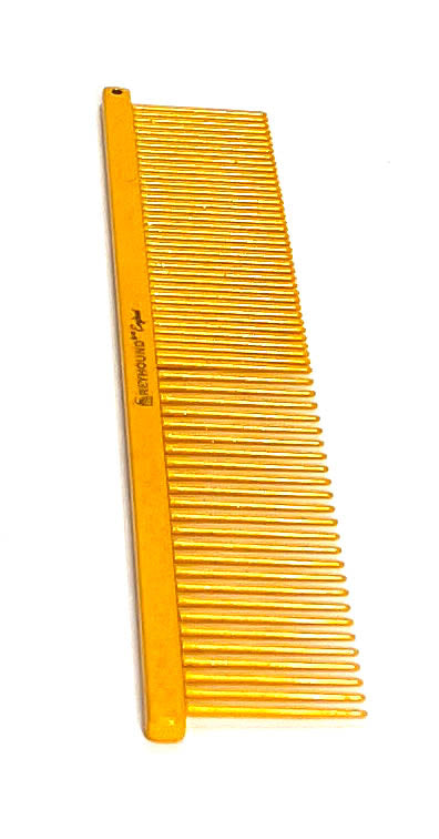 The Ashley Craig Beauty Greyhound Professional Pet Grooming Med/Fine Tine Combination Comb gives superior styling control for all coat types with an antistatic finish. Sparkle Collection comes in 8 colors. Since 1920 these combs are hand drilled using brass spines with carbon steel tapered tines in the UK. Color Yellow.