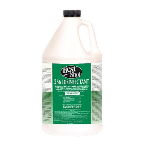 256 Disinfectant by Best Shot is a concentrated disinfectant that cleans and deodorizes general surfaces and tools using a non-corrosive pH neutral formula that is effective against a broad-spectrum of viruses, bacteria and fungus. Safe to use on combs, scissors, clipper blades, nail trimers and carpets. Fresh Scent Fragrance