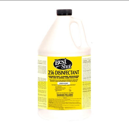 256 Disinfectant by Best Shot is a concentrated disinfectant that cleans and deodorizes general surfaces and tools using a non-corrosive pH neutral formula that is effective against a broad-spectrum of viruses, bacteria and fungus. Safe to use on combs, scissors, clipper blades, nail trimers and carpets. Lemon Fragrance.