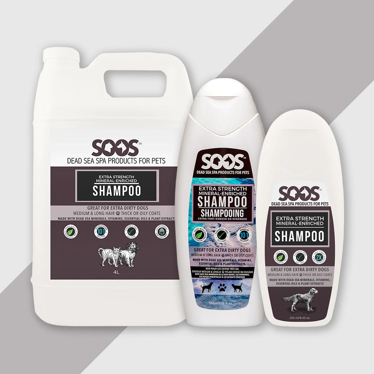 Soos™ Extra Strength Mineral Enriched Pet Shampoo locks in moisture while nourishing the coat with vitamins, essential oils, natural antioxidant, antiseptic, and antibacterial while using properties of Dead Sea minerals and citrus extracts. Great for dogs with medium to long hair and thick or oil-prone coats.  