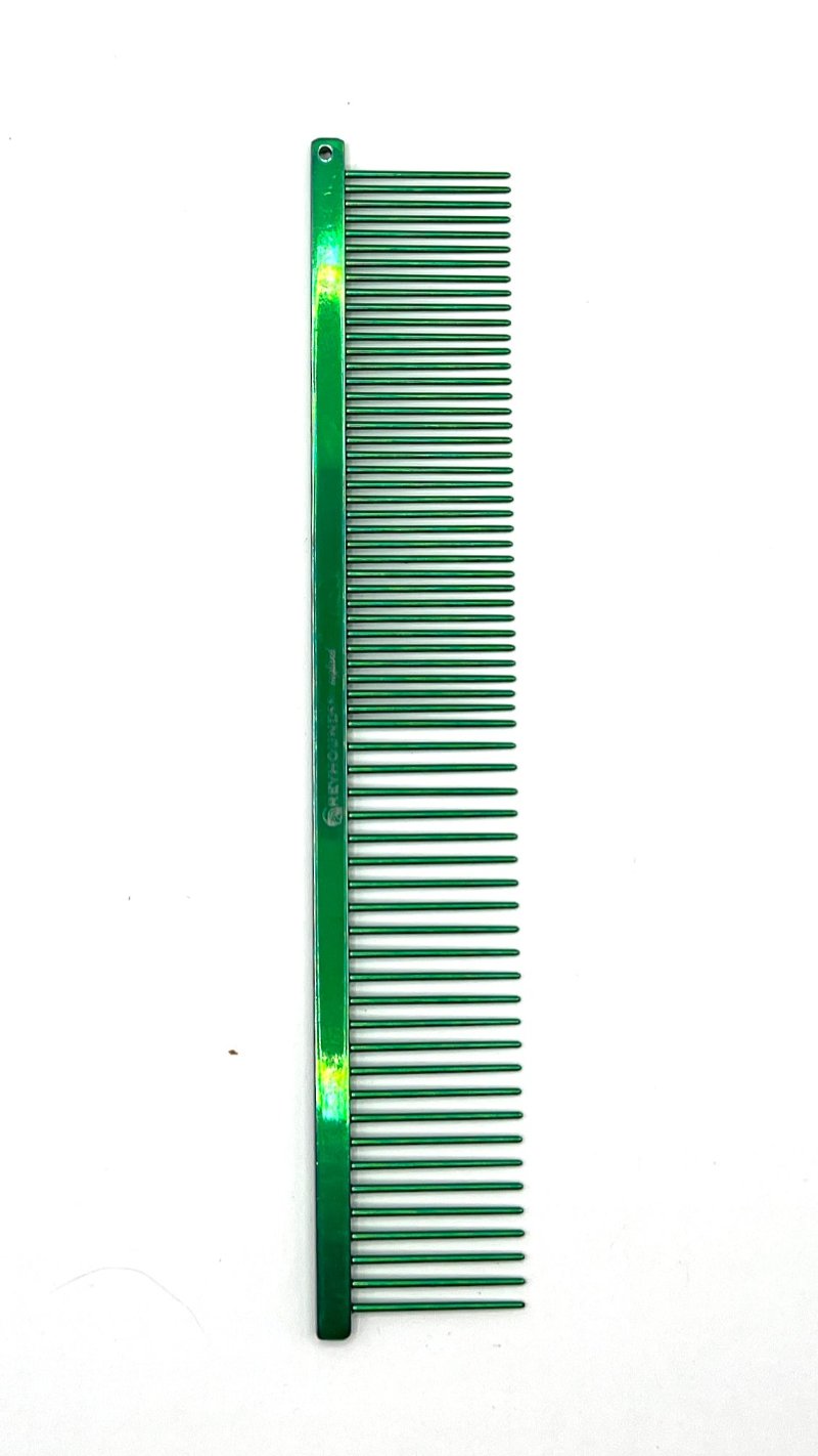 The Ashley Craig's original Greyhound Comb Beauty Collection in various color schemes features a 7.6"L x 1.4"W fine to medium coarse tine combination which gives superior styling control for all coat types. These versatile combs have been a staple of the pet grooming industry for over 100 years. Candy color collections, Green Candy.