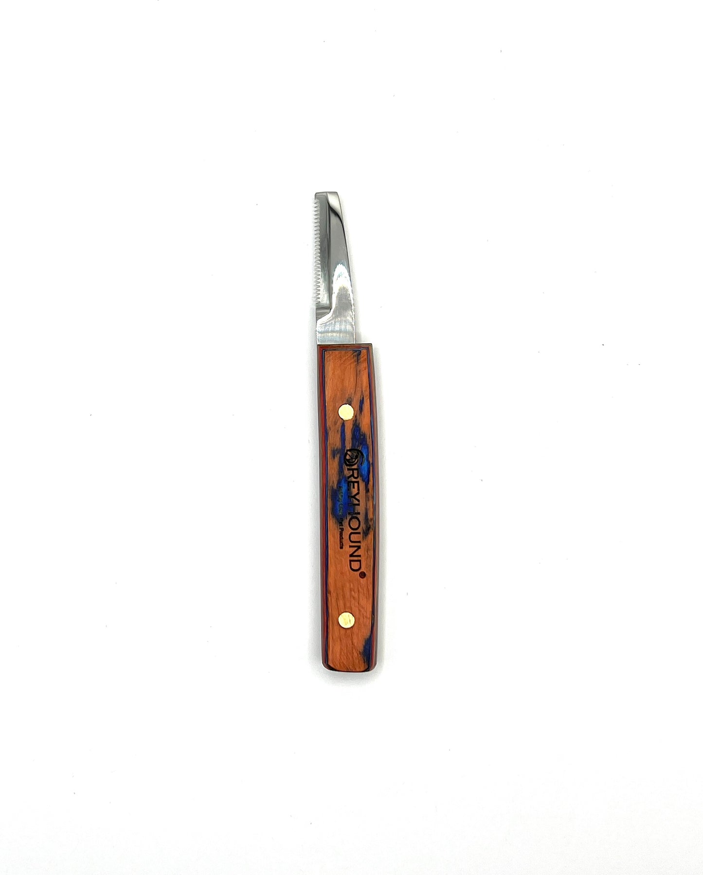 These retro-design hand stripping tools by Greyhound were designed for comfort and to lessen hand fatigue. These longer, slimmer blade works great for finishing details and rolling the coat. The ergonomic wood handle is created to maximize comfort with a smooth finish wrapped around 3 sides.  This tool has fine teeth.