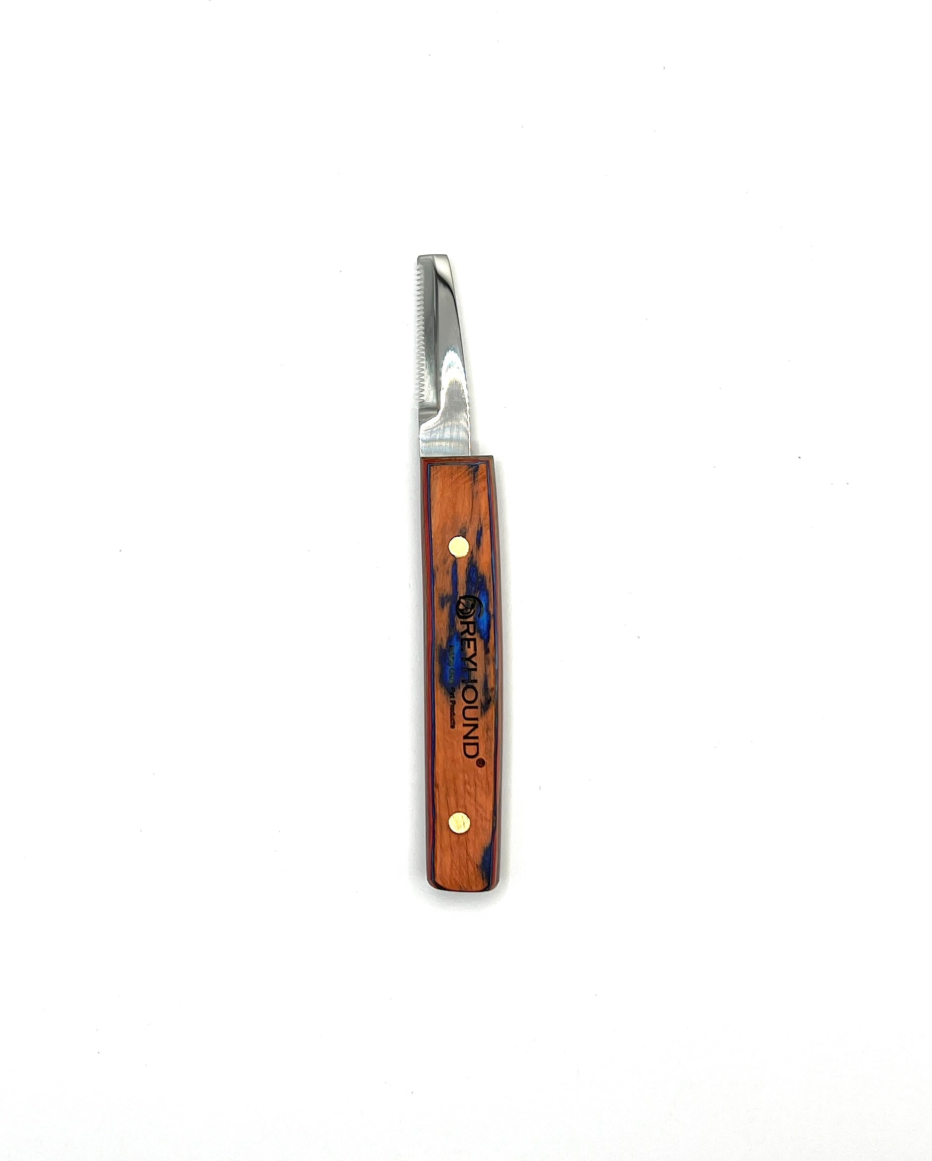 These retro-design hand stripping tools by Greyhound were designed for comfort and to lessen hand fatigue. These longer, slimmer blade works great for finishing details and rolling the coat. The ergonomic wood handle is created to maximize comfort with a smooth finish wrapped around 3 sides.  This tool has fine teeth.