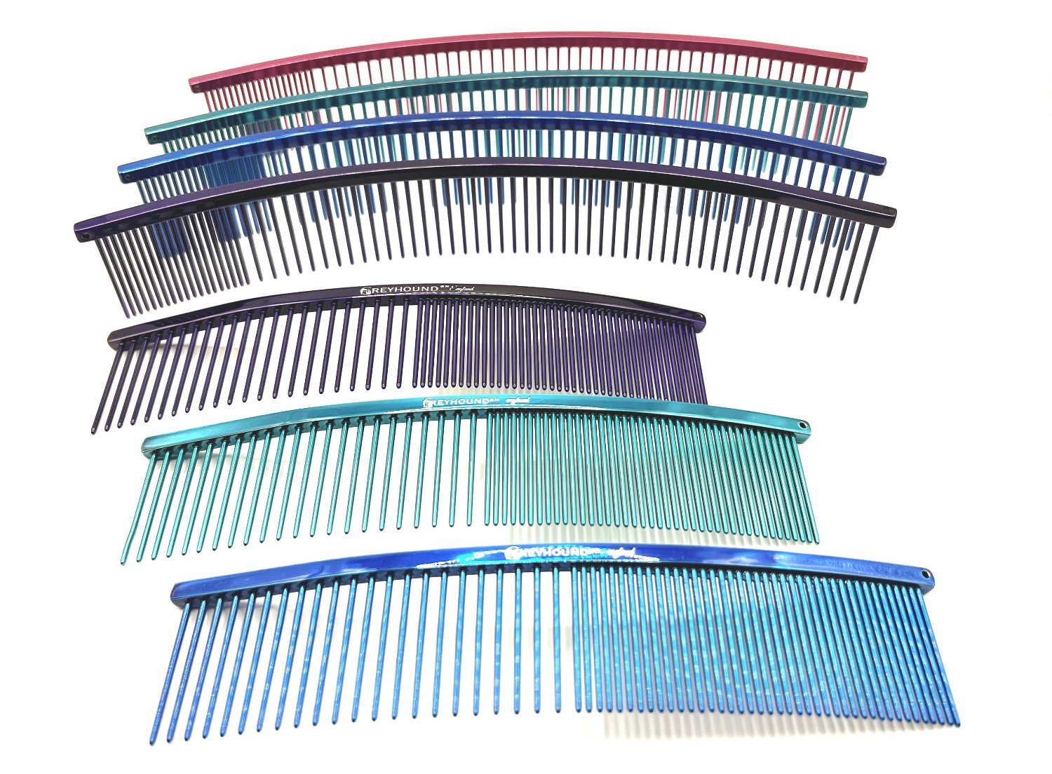 The Ashley Craig ARC Greyhound Comb Collection give you superior styling control. These curved combs work great for finishing work and hard to reach places specifically for fluffing heads and legs while also ideal for "spray up" styles. These European dual tine medium/fine combs come in fun colors and two sizes. All colors and sizes.