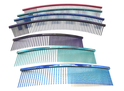 The Ashley Craig ARC Greyhound Comb Collection give you superior styling control. These curved combs work great for finishing work and hard to reach places specifically for fluffing heads and legs while also ideal for "spray up" styles. These European dual tine medium/fine combs come in fun colors and two sizes. All colors and sizes.