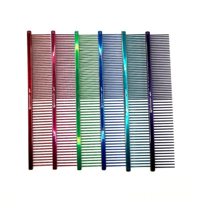 The Ashley Craig's original Greyhound Comb Beauty Collection in various color schemes features a 7.6"L x 1.4"W fine to medium coarse tine combination which gives superior styling control for all coat types. These versatile combs have been a staple of the pet grooming industry for over 100 years. Candy color collections, all colors.