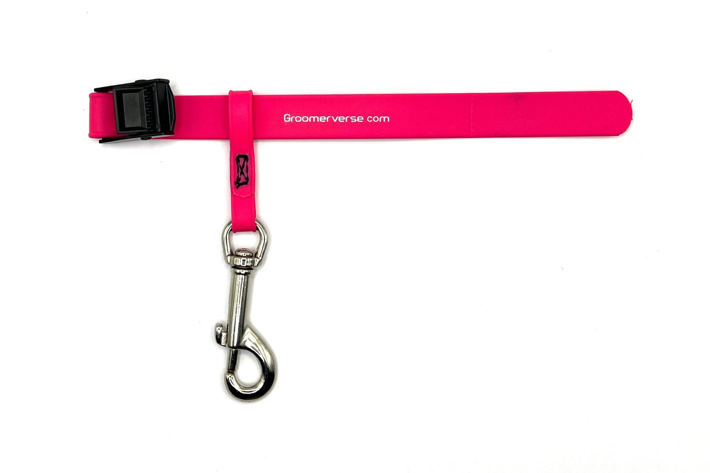 Our water proof, odor resistant USA Made Biothane pet safety tethers fit snuggly around table arms and clip securely to the ring on our Biothane grooming loops. Neon Pink