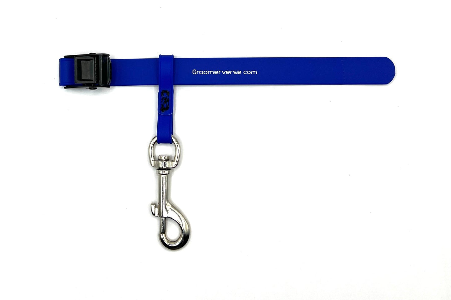 Our water proof, odor resistant USA Made Biothane pet safety tethers fit snuggly around table arms and clip securely to the ring on our Biothane grooming loops. Royal Blue