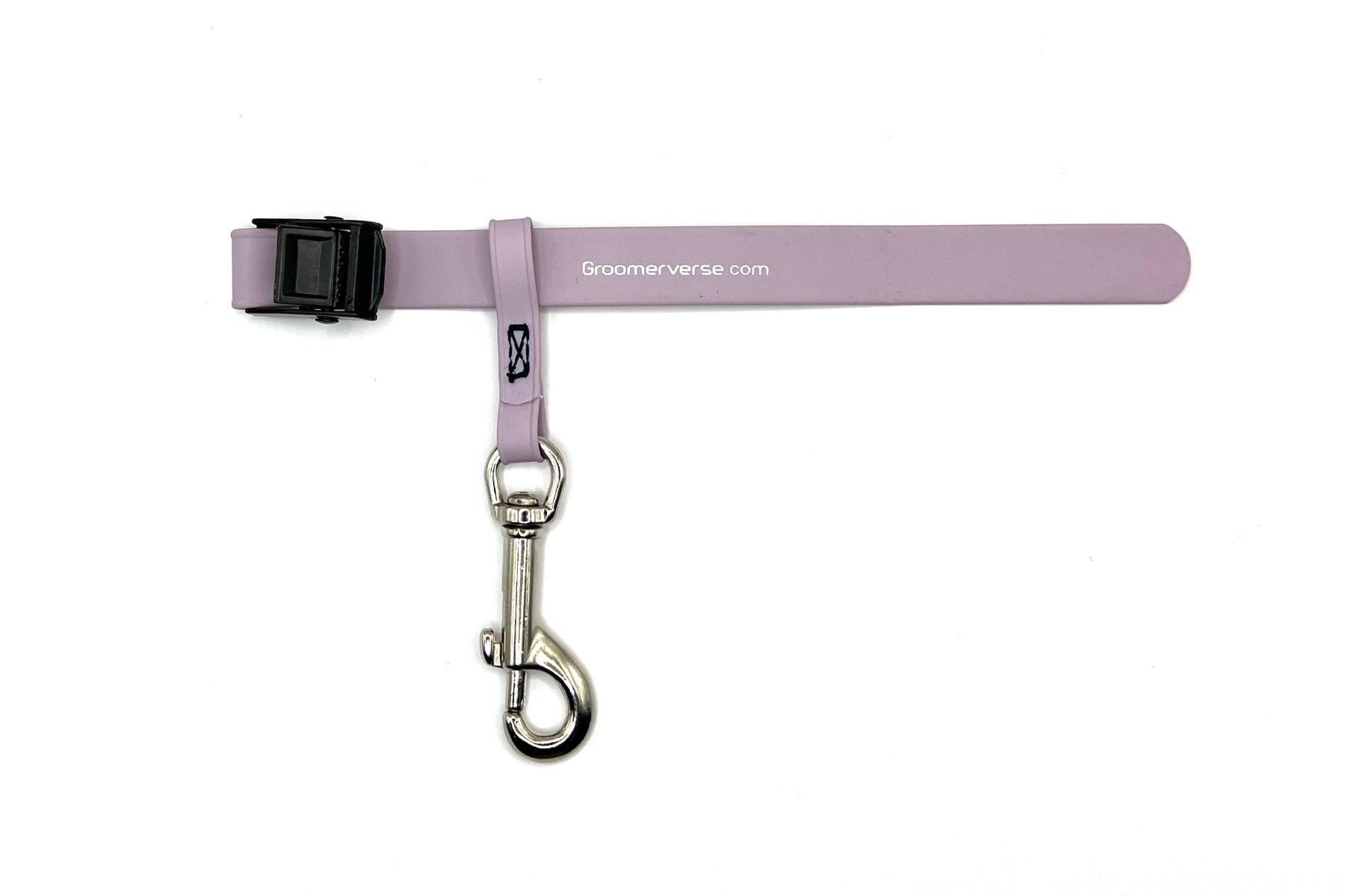 Our water proof, odor resistant USA Made Biothane pet safety tethers fit snuggly around table arms and clip securely to the ring on our Biothane grooming loops. Light Purple