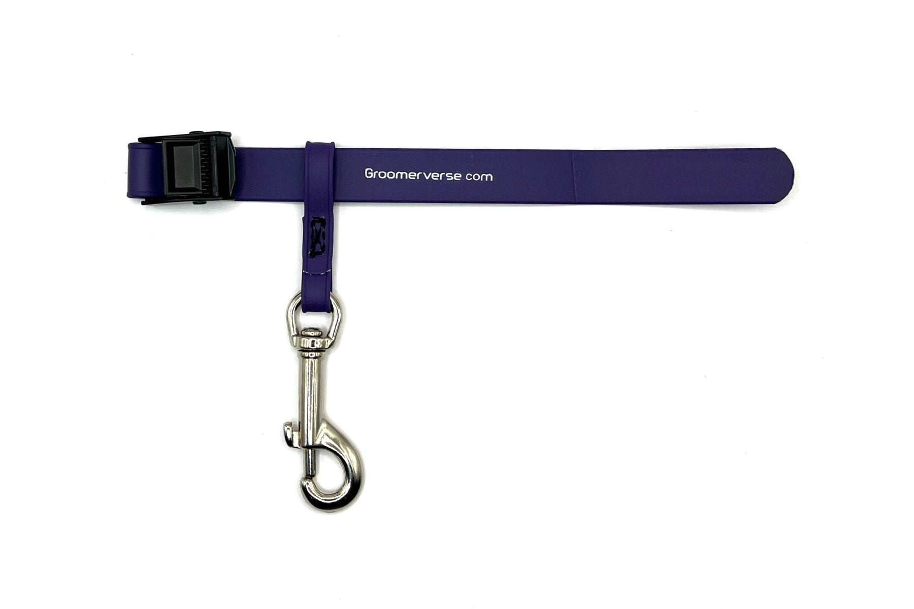 Our water proof, odor resistant USA Made Biothane pet safety tethers fit snuggly around table arms and clip securely to the ring on our Biothane grooming loops. Purple