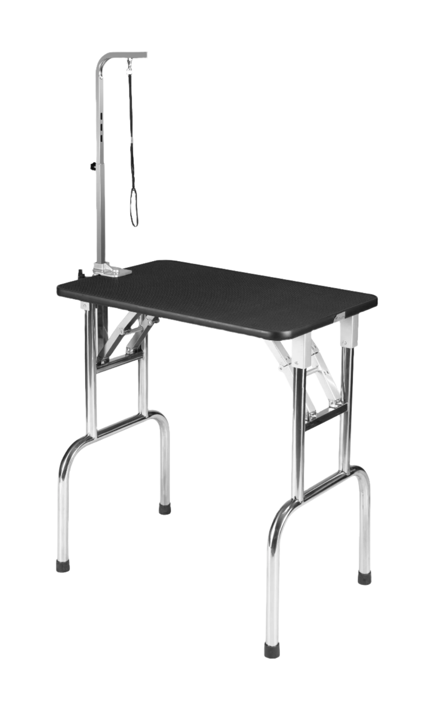 Ideal for shows, house calls and for extra space when work is overflowing, this well-built folding table features a non-slip/ anti-static rubber matt surface that is resistant to water, stands up to frequent use and is easy to clean. Stainless steel tubular steel legs with rubber caps and industrial reinforced fixed brackets use an ergonomic open/close system for easily set up and collapse for storage. The water and scratch resistant tabletop is made of high density board wrapped in Rubber with PVC edges.