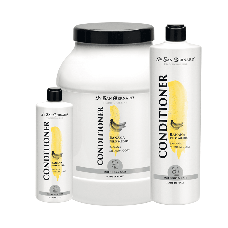 Iv San Bernard Traditional Banana Pet Conditioner is specially formulated for dogs with medium coats. The emollients soften and penetrate the hair shaft to retain moisture, prevent dryness, increase volume and shine while reducing static electricity and coat breakage. Utilizing menthol, the formula promotes blood circulation to stimulate hair growth.