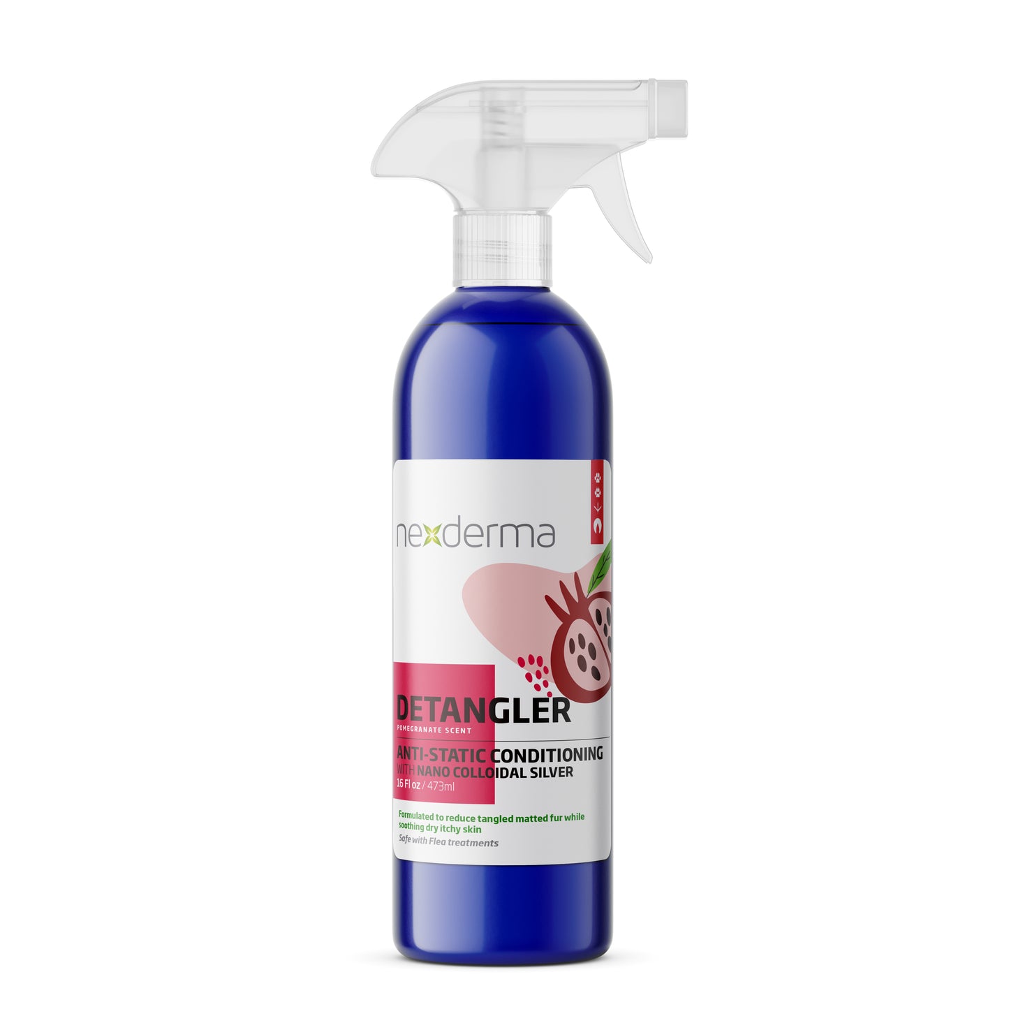 Nexderma's Anti-Static Detangling Conditioning Spray helps comb and de-tangle your pet's fur. No added chemical, safe on all skin types, and silver nanoparticles provide natural antifungal and antimicrobial protection to guard against skin issues, fungal infections, wounds, and more. Pomegranate 16oz.