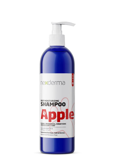 Nexderma's Deep Moisturizing Pet Shampoo quick-drying formula deeply cleans, removes dirt, adds texture, and deodorizes without stripping away natural oils. Oat Extract's condition and soothe itchy skin on contact. Vitamin E adds luster, treats dry and flaky skin, and promotes coats that are healthy and glossy. Apple 16 oz.