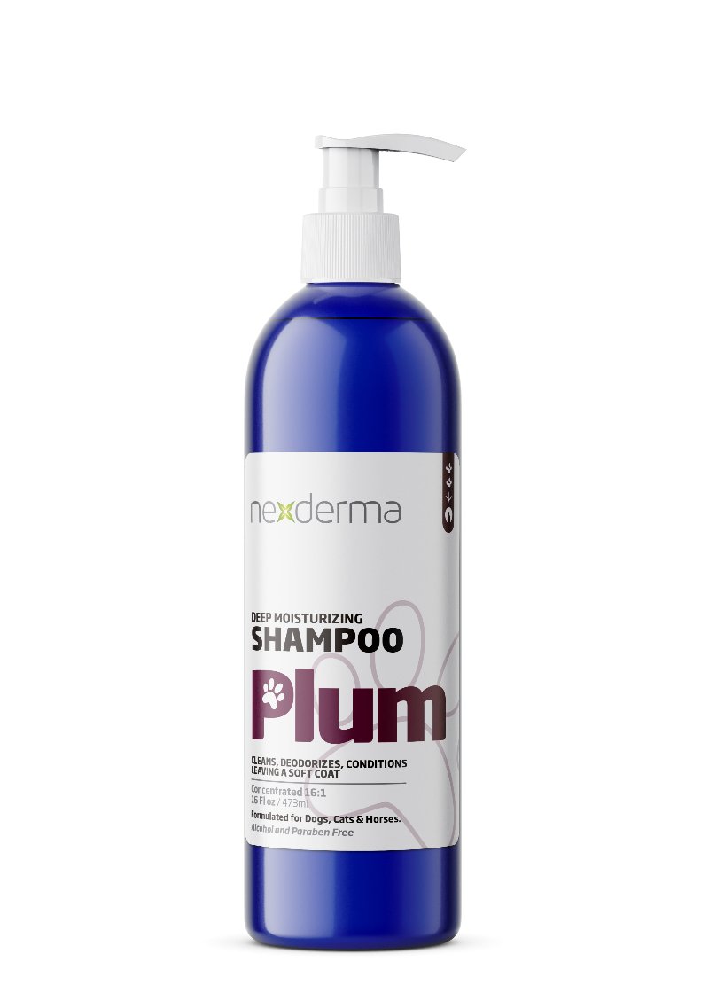 Nexderma's Deep Moisturizing Pet Shampoo quick-drying formula deeply cleans, removes dirt, adds texture, and deodorizes without stripping away natural oils. Oat Extract's condition and soothe itchy skin on contact. Vitamin E adds luster, treats dry and flaky skin, and promotes coats that are healthy and glossy. Plum 16 oz.