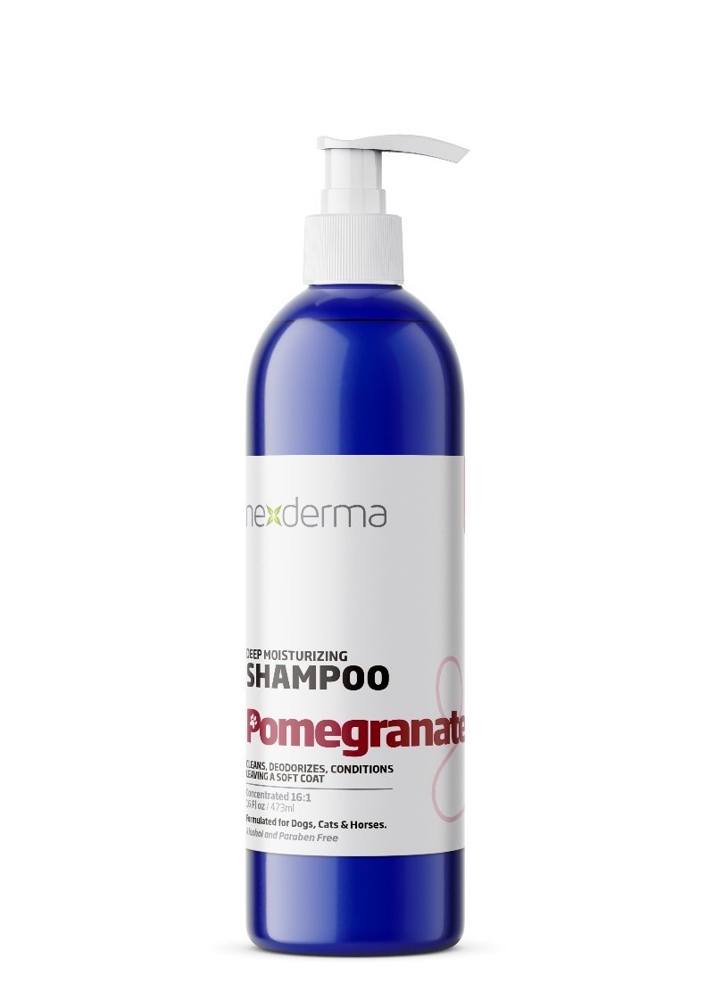 Nexderma's Deep Moisturizing Pet Shampoo quick-drying formula deeply cleans, removes dirt, adds texture, and deodorizes without stripping away natural oils. Oat Extract's condition and soothe itchy skin on contact. Vitamin E adds luster, treats dry and flaky skin, and promotes coats that are healthy and glossy. Pomegranate 16 oz.