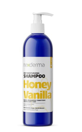 Nexderma's Deep Moisturizing Pet Shampoo quick-drying formula deeply cleans, removes dirt, adds texture, and deodorizes without stripping away natural oils. Oat Extract's condition and soothe itchy skin on contact. Vitamin E adds luster, treats dry and flaky skin, and promotes coats that are healthy and glossy. Honey Vanilla 16 oz.