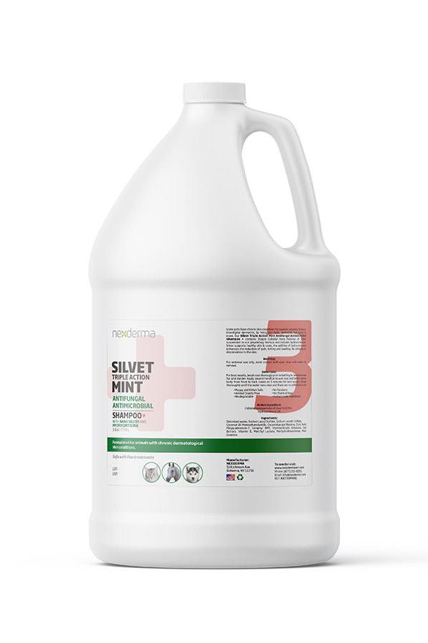 Nexderma's Silvet Triple Action Antifungal-Antimicrobial Pet Herbal Shampoo contains Colloidal Silver, suspended in our Stem-Gel based proprietary formula with hydrocortisone. This Anti-itch formula relieves pain, itching, swelling and stinging, while clinically proven to speed up healing of common skin conditions.  Mint fragrance 1 gal.