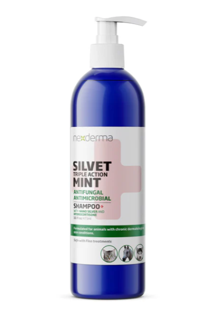 Nexderma's Silvet Triple Action Antifungal-Antimicrobial Pet Herbal Shampoo contains Colloidal Silver, suspended in our Stem-Gel based proprietary formula with hydrocortisone. This Anti-itch formula relieves pain, itching, swelling and stinging, while clinically proven to speed up healing of common skin conditions.  Mint fragrance 16 oz.