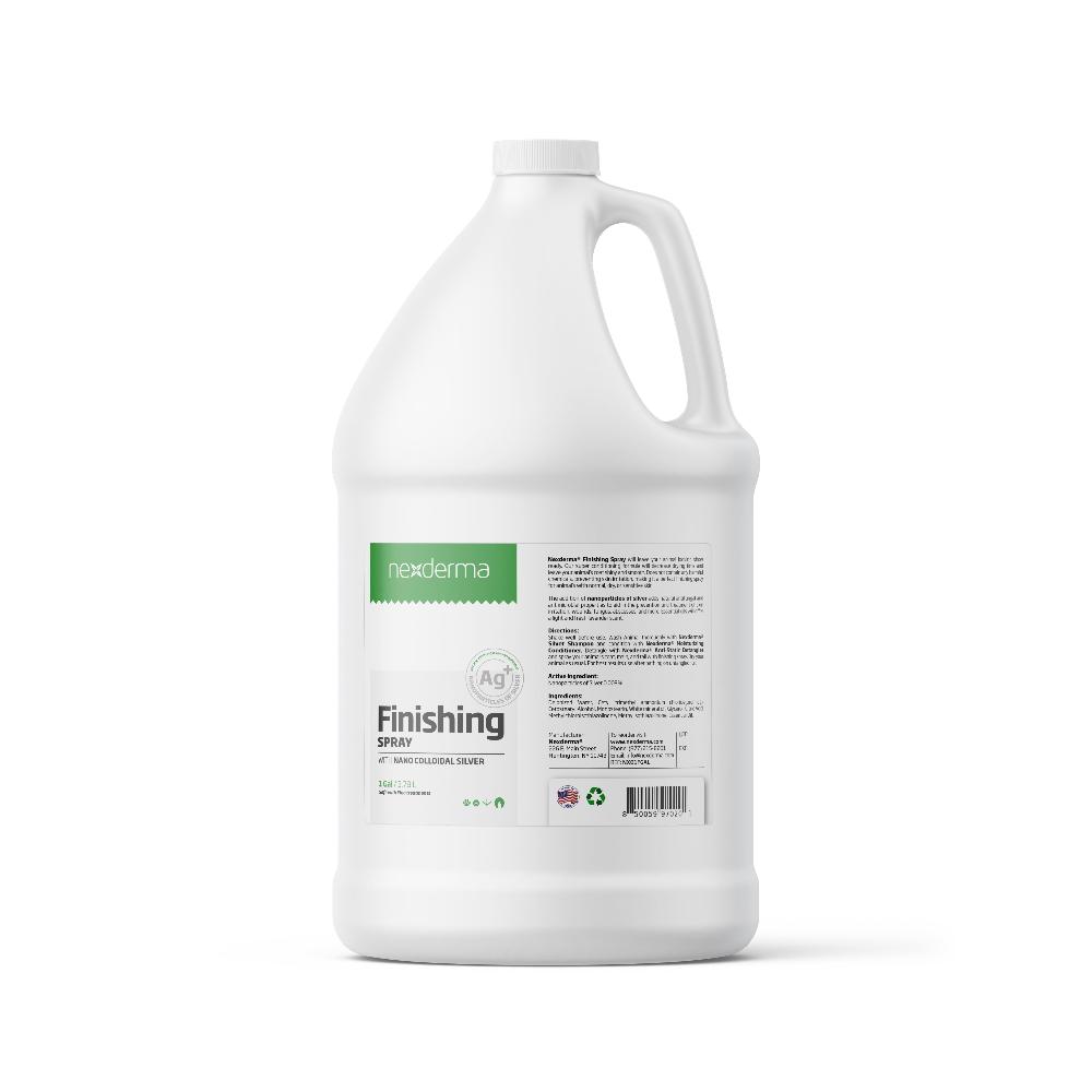 Nexderma finishing spray decreases dry time, leaving the coat shiny and smooth. Silver nanoparticles provide natural antifungal and antimicrobial properties that work with all skin types and allergies. This product works for normal, oily and dry skin and coat types. 1 gal.