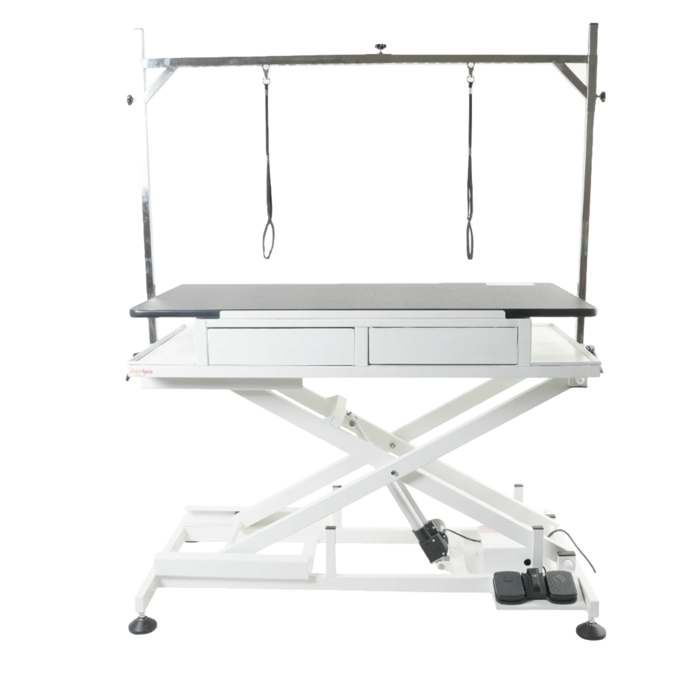 This electric lift pet grooming table with an anti-slide surface has been upgraded with 2 push-drawers and ledges at each end to help keep workflow more organized. The removable top is an anti-static/anti slip rubber surface which adds safety and provides easy cleaning or replacement. Other features include an overhead stainless steel grooming arm with 29 tether positions, and a 120V outlet for 2 plugs and 2 USB ports.