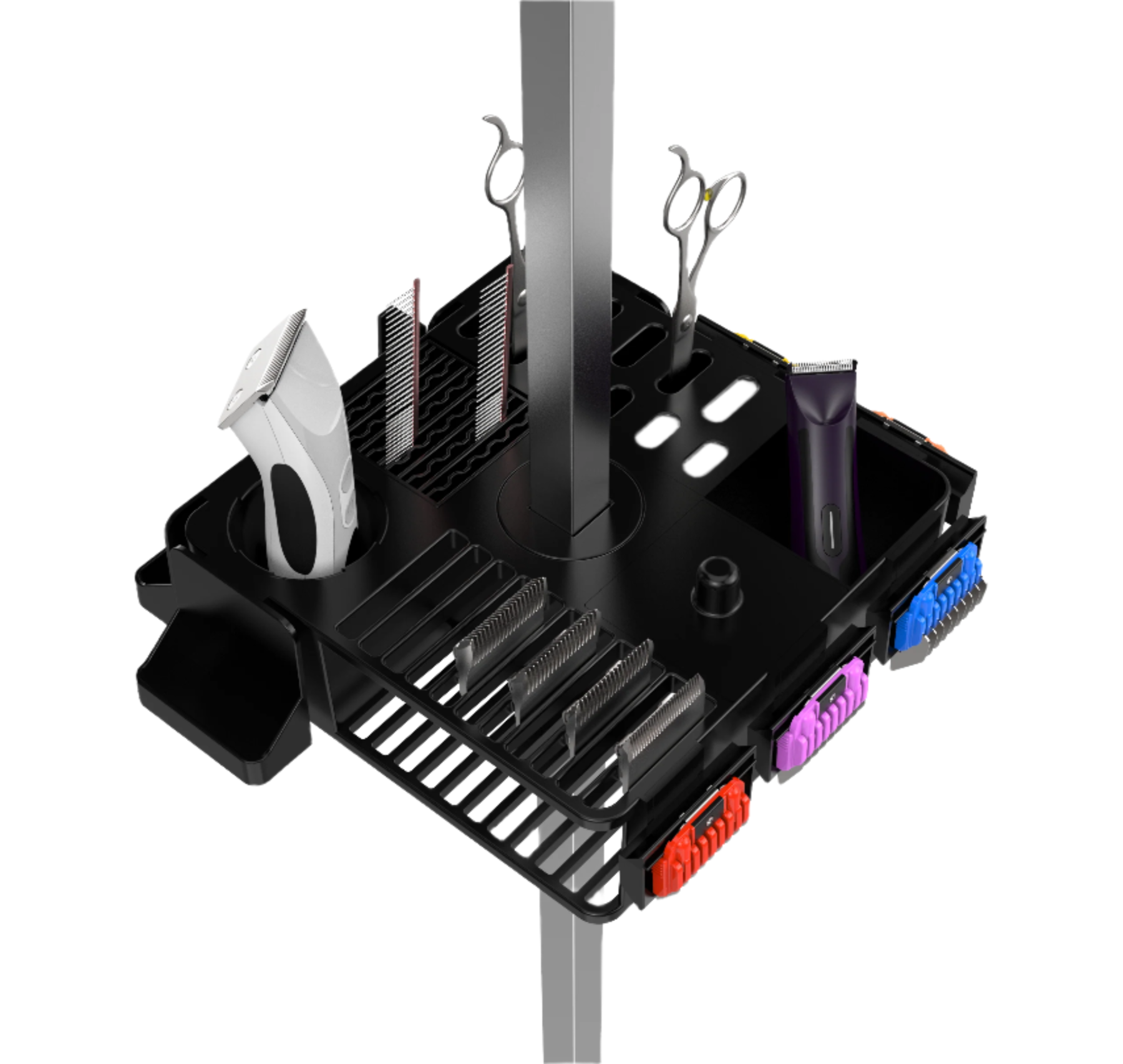 This new and improved rotating multi-functional swivel tool caddy for professional pet groomers now includes interchangeable parts allowing you to adjust it to your work style. Its light weight construction is easy to work with and install. The 10" x 10" size fits on most table arms and does not interfere with pet grooming tables that have innovative swivel arms that extend 5-6" from the actual grooming table. It's easy to install and has a smooth swivel. Example with tools.