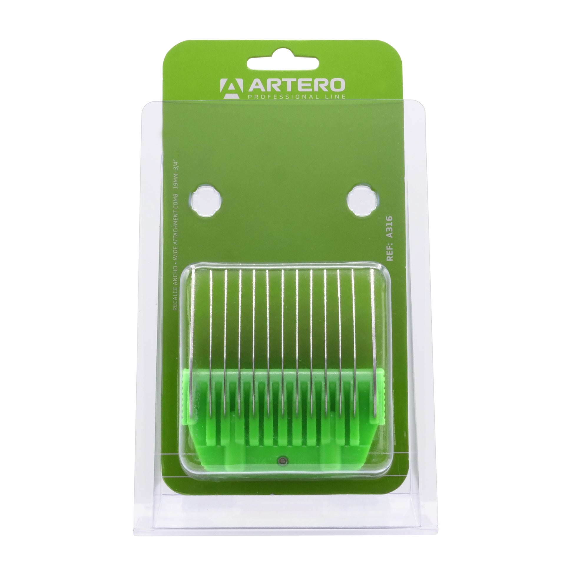 The Artero Wide Snap-On Metal Comb 19mm - 3/4" is designed for use with the Artero A5 wide clipper blade and offers a smooth, even finish. This comb is also compatible with Andis, Moser, Heiniger, Oster, and Aesculap Fav5 and Fav5 CL blades. Features: Cutting height: 3/4" Metal Construction Fits A5 Clippers.