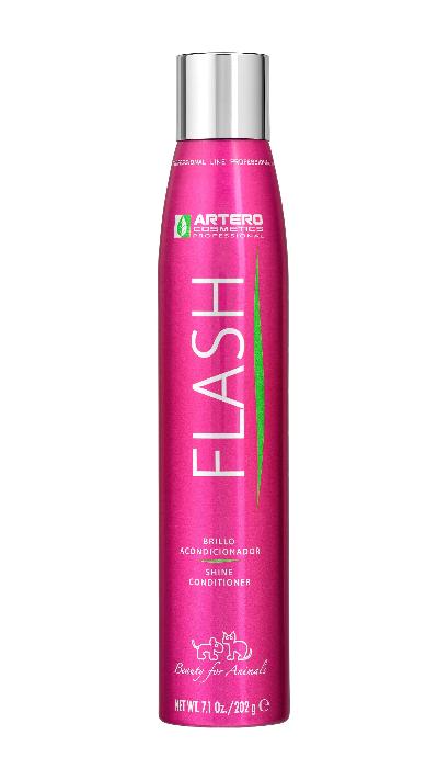 Artero Flash Professional Pet Grooming Conditioner Spray 7.1 oz is a plant-based leave-in pet conditioner that quickly eliminates frizz, creating a silky, smooth texture that facilitates combing and detangling. It controls static electricity and provides a protective, non-greasy coating that prevents knots and tangles.