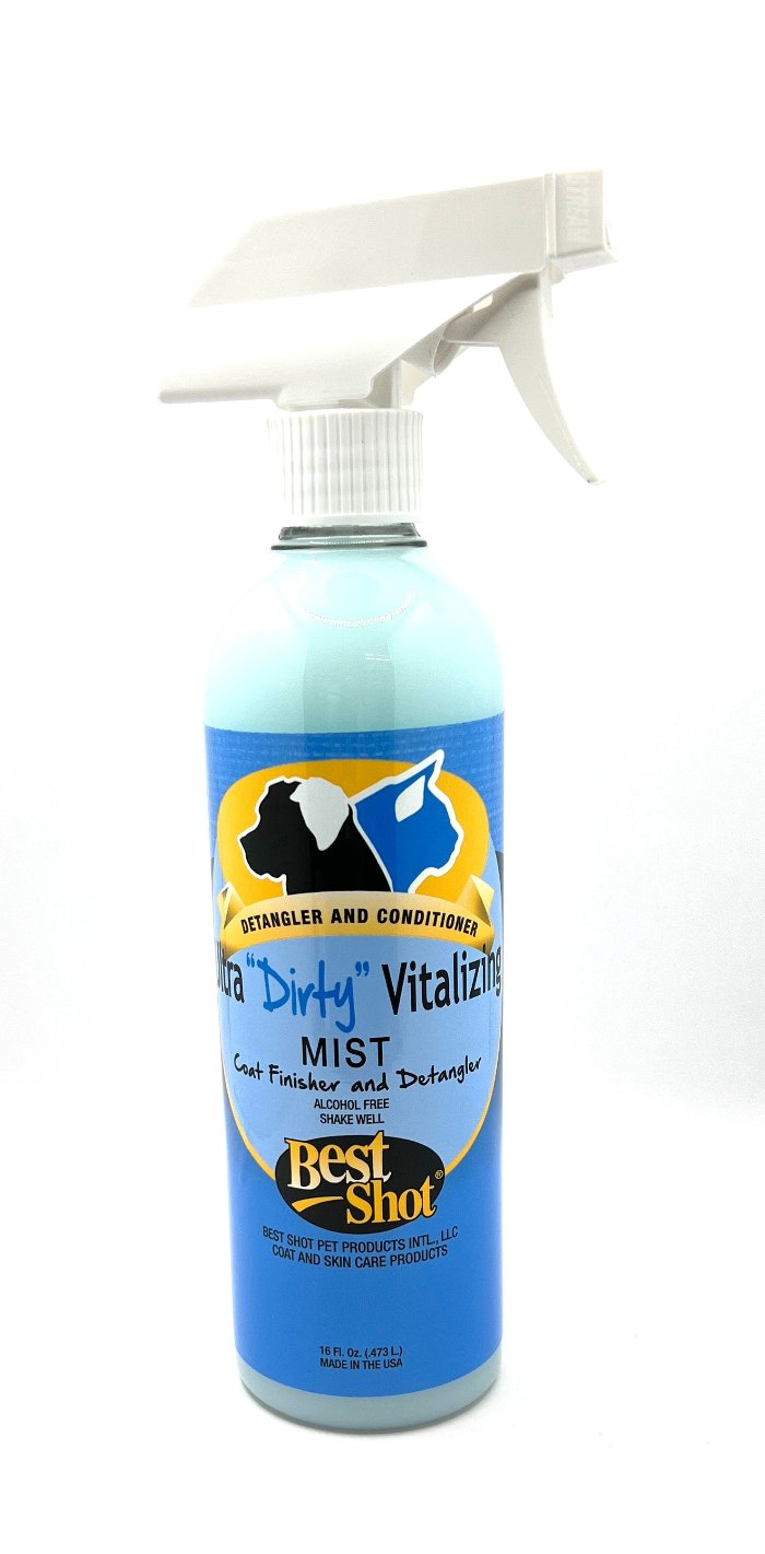 Best Shot Ultra Dirty Vitalizing Mist finishing spray is a leave-in conditioner and detangler which has is PH balanced and water-soluble to prevent build-up. This final coat preparation step is used to help de-matt, de-tangle and de-shed. The anti-static finish hydrates the coat while speeding up drying time. The Silk proteins strengthen and create a superior shine. This spray is the final that helps fully close and smooth the cuticle scales.