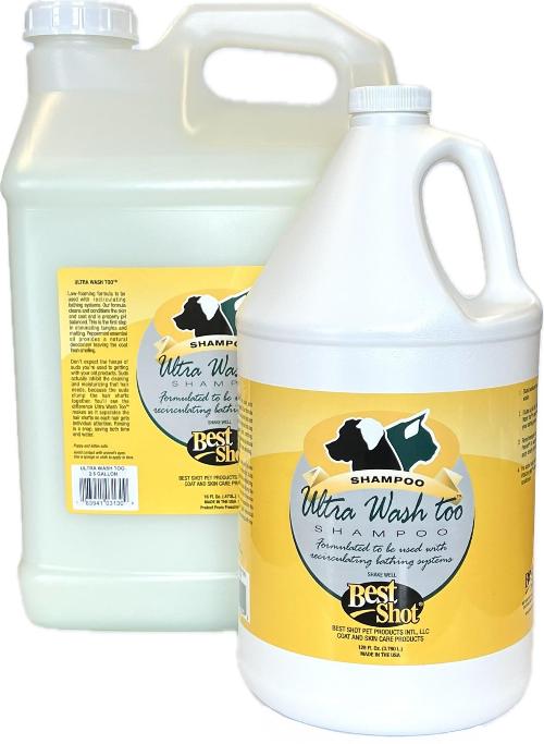 Best Shot Ultra Wash Too concentrated hypoallergenic, low-suds formula works with professional re-circulating bathing pump systems to increase efficiency by minimizing foam build-up saving time while decreasing water and product usage. This formula is based on cat and dog coat science to revive the coat’s current state, enhance its appearance, repair, and postpone any future damage. This shampoo compliments current bathing products or is best used with Best Shot’s 3 Step System.