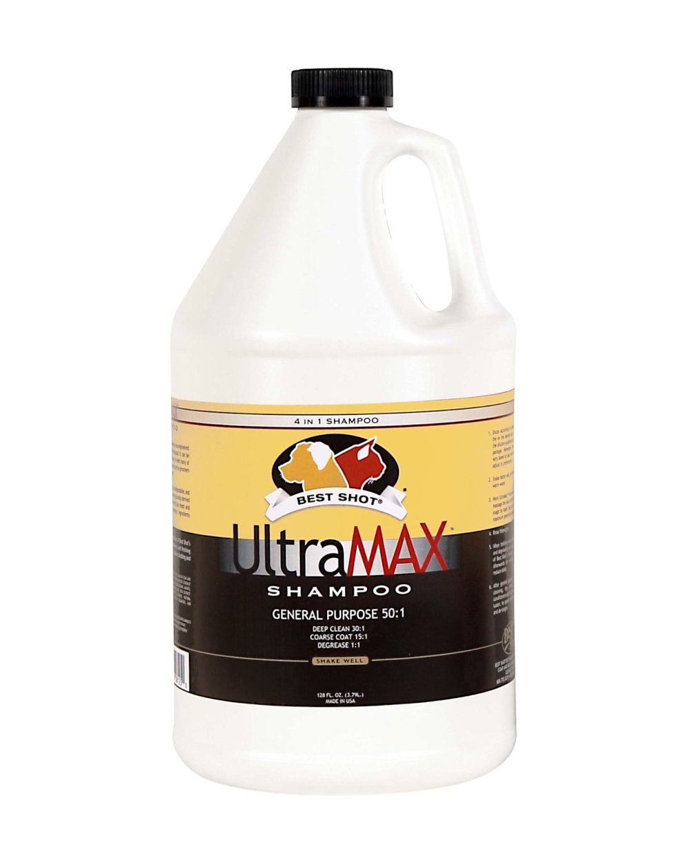 Best Shot UltraMAXTm shampoo is an extremely versatile 4-in-1 concentrated shampoo to tackle deep cleaning and degreasing based on concentration levels. This biodegradable formula uses coconut cleansers and hydrolyzed protein combined with hi-grade cosmetic ingredients to revive damaged coat, adds moisture, provides lubricity while strengthening the hair shaft.