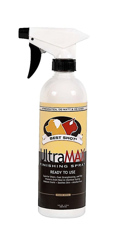 Best Shot UltraMax Pro finishing spray is a leave-in conditioner used to protect coat from heat, flat ironing and chemical color styling. The formula hydrates the coat, soothes the skin while eliminating static and speeding up drying time. The Silk proteins strengthen, detangle and create a superior shine. 17 oz Spray Bottle.