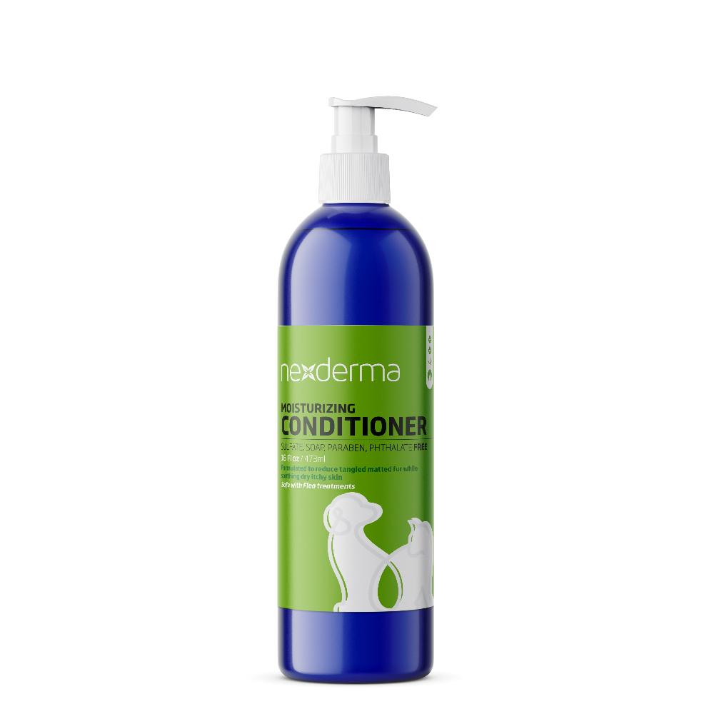 Nexderma pet moisturizing conditioner effectively hydrates and relieves dry, itchy skin, and helps to detangle fur and eliminate matting, leaving your pet's coat soft and glossy. This hypoallergenic conditioner for sensitive skin uses cosmetic mineral oil which creates a barrier on the skin to lock in moisture while not clogging pores.  16 oz .