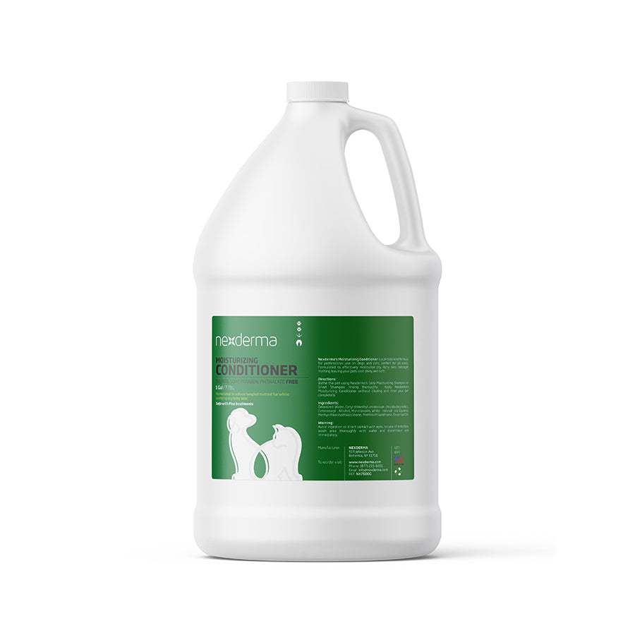 Nexderma pet moisturizing conditioner effectively hydrates and relieves dry, itchy skin, and helps to detangle fur and eliminate matting, leaving your pet's coat soft and glossy. This hypoallergenic conditioner for sensitive skin uses cosmetic mineral oil which creates a barrier on the skin to lock in moisture while not clogging pores. 1 gallon