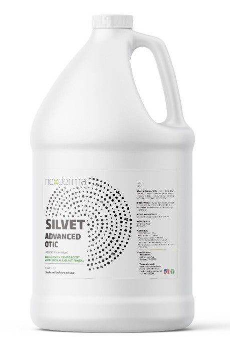 Silvet Advanced Otic Pet Ear Cleaner for Professional Pet Groomers is an antibacterial/antifungal neutral deep cleansing formulation utilizing Colloidal Silver and Boric Acid. This odorless, astringent, general broad-spectrum cleanser dries the ear by pulling moisture out without the use of harsh chemicals.  1 Gallon