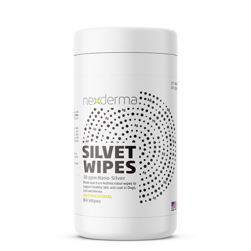 Silvet Pet Cleansing Wipes are pre-moistened and formulated with Colloidal Silver to create a powerful broad-spectrum antimicrobial. Ideal for cleaning hard-to-reach areas, like skin folds, interdigital areas, axillary and facial folds, and anal area. Will not sting or discolor skin or fabrics.