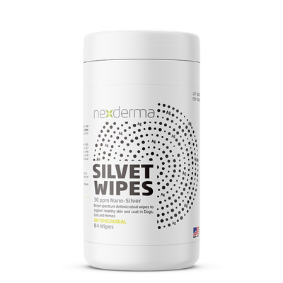 Silvet Pet Cleansing Wipes are pre-moistened and formulated with Colloidal Silver to create a powerful broad-spectrum antimicrobial. Ideal for cleaning hard-to-reach areas, like skin folds, interdigital areas, axillary and facial folds, and anal area. Will not sting or discolor skin or fabrics.