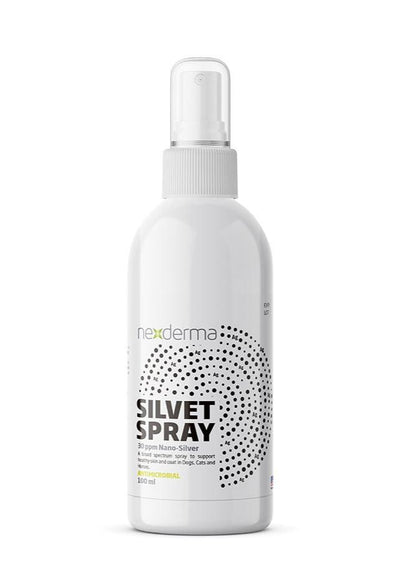 Nexderma Silvet Spray has been designed to support the healing and care of skin irritations. It has been found to help treat skin irritations, wounds, fungi, hot spots, burns, abscesses, sores, thrush, rain rot, and ringworm. Available in regular formula or with hydrocortisone for extremely itchy skin.