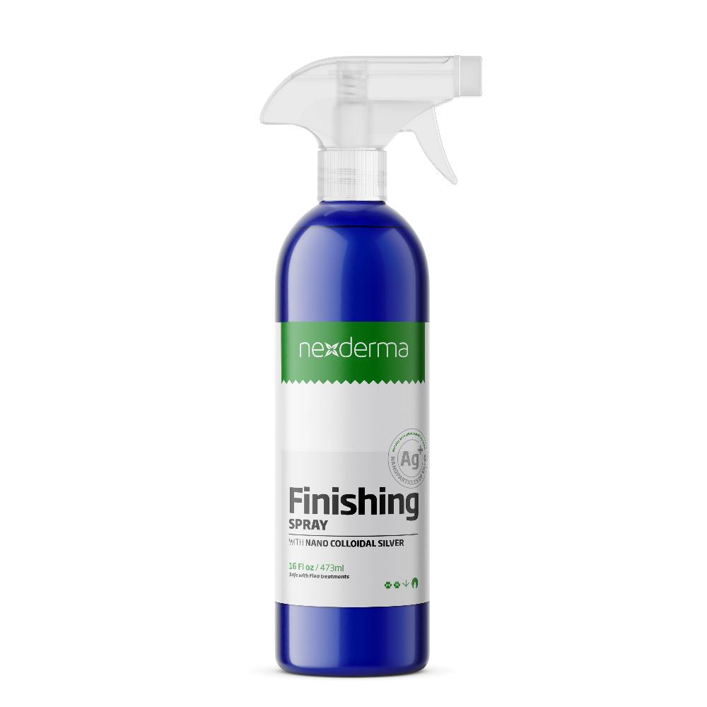 Nexderma finishing spray decreases dry time, leaving the coat shiny and smooth. Silver nanoparticles provide natural antifungal and antimicrobial properties that work with all skin types and allergies. This product works for normal, oily and dry skin and coat types. 16 oz.