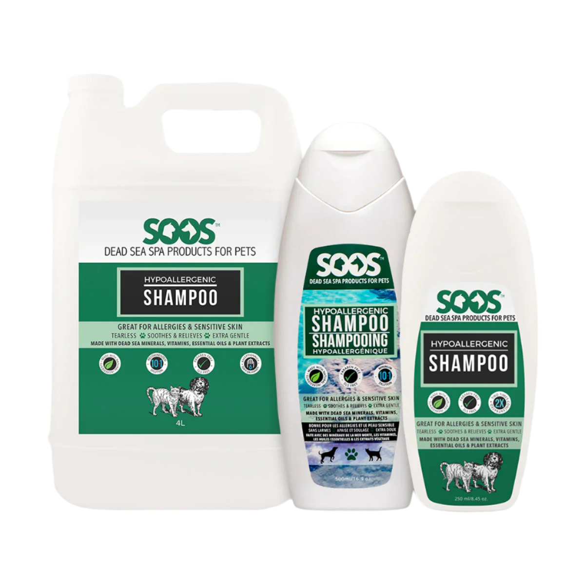 Soos™ Natural Hypoallergenic Pet Shampoo is formulated for pets with allergies, sensitive skin or chronic skin conditions. This no-tear formula is fast-acting, providing quick relief while not causing irritation to eyes or other sensitive areas.