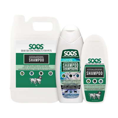 Soos™ Natural Hypoallergenic Pet Shampoo is formulated for pets with allergies, sensitive skin or chronic skin conditions. This no-tear formula is fast-acting, providing quick relief while not causing irritation to eyes or other sensitive areas.