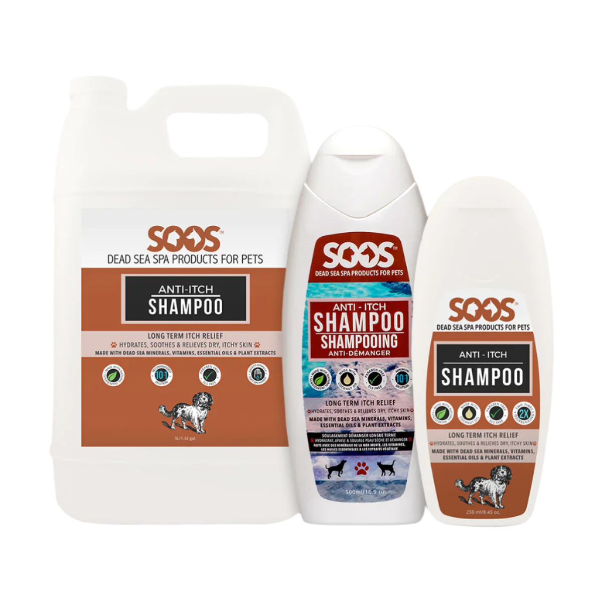 Soos™ Natural Anti-Itch Pet Shampoo works to soothe intense itching with an infusion of Dead Sea minerals, zinc, green tea, chamomile and tea tree oil. The blend of natural ingredients relieves irritation while providing essential nutrients for healthy, hydrated skin.