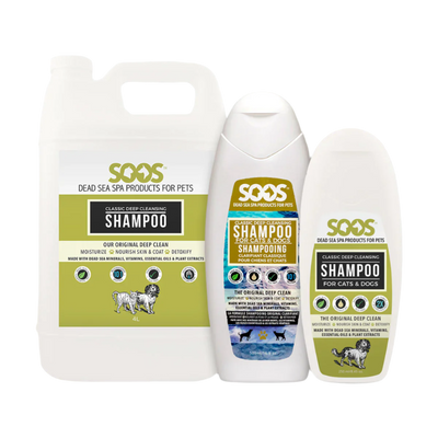 Soos™ Natural Deep Cleansing Pet Shampoo deep cleans and detoxify while moisturizing hair and skin to improve overall health. Its ideal as a first shampoo if using a multi-bath system. Dead Sea minerals with natural antioxidant, antiseptic, antibacterial and anti-yeast properties gently clean, calm and cleanse.  