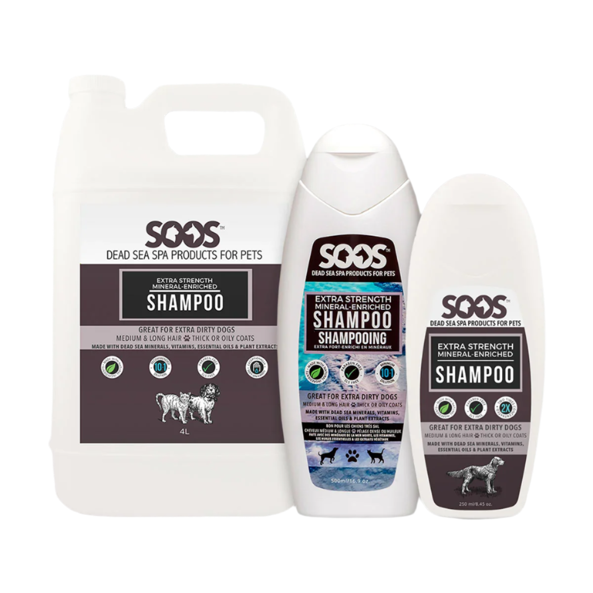 SooS™ Extra Strength Mineral Enriched Pet Shampoo locks in moisture while nourishing the coat with vitamins, essential oils, natural antioxidant, antiseptic, and antibacterial while using properties of Dead Sea minerals and citrus extracts. Great for dogs with medium to long hair and thick or oil-prone coats.  